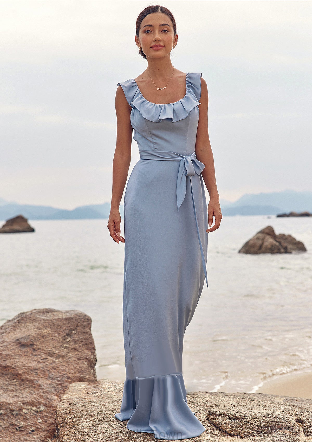 Sheath/Column Scoop Neck Sleeveless Floor-Length Stretch Satin Bridesmaid Dresses with Sashes Ruffles Destinee DEP0025293