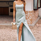 Sheath/Column Square Neckline Sleeveless Floor-Length Stretch Satin Bridesmaid Dresses with Split Wendy DEP0025294