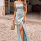 Sheath/Column Square Neckline Sleeveless Floor-Length Stretch Satin Bridesmaid Dresses with Split Wendy DEP0025294