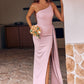 Sheath/Column One-Shoulder Sleeveless Floor-Length Stretch Crepe Bridesmaid Dresses with Side Draping Split Kinsley DEP0025295