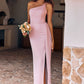 Sheath/Column One-Shoulder Sleeveless Floor-Length Stretch Crepe Bridesmaid Dresses with Side Draping Split Kinsley DEP0025295