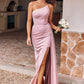 Sheath/Column One-Shoulder Sleeveless Floor-Length Stretch Crepe Bridesmaid Dresses with Side Draping Split Kinsley DEP0025295