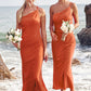 Sheath/Column One-Shoulder Sleeveless Tea-Length Stretch Satin Bridesmaid Dresses with Pleated .co.uk Kennedy DEP0025297