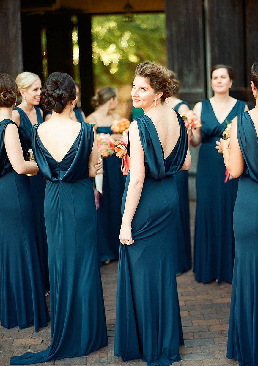 A-line V Neck Sleeveless Sweep Train Jersey Bridesmaid Dresses with Pleated Kelsie DEP0025302