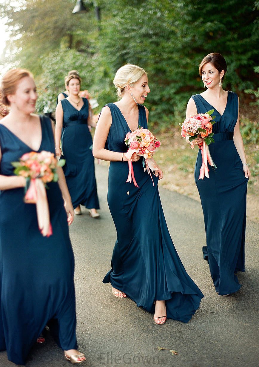 A-line V Neck Sleeveless Sweep Train Jersey Bridesmaid Dresses with Pleated Kelsie DEP0025302