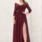 A-line V Neck Full/Long Sleeve Long/Floor-Length Chiffon Bridesmaid Dresses With Lace Split Pleated Gabriella DEP0025304