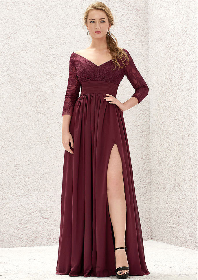 A-line V Neck Full/Long Sleeve Long/Floor-Length Chiffon Bridesmaid Dresses With Lace Split Pleated Gabriella DEP0025304