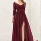 A-line V Neck Full/Long Sleeve Long/Floor-Length Chiffon Bridesmaid Dresses With Lace Split Pleated Gabriella DEP0025304