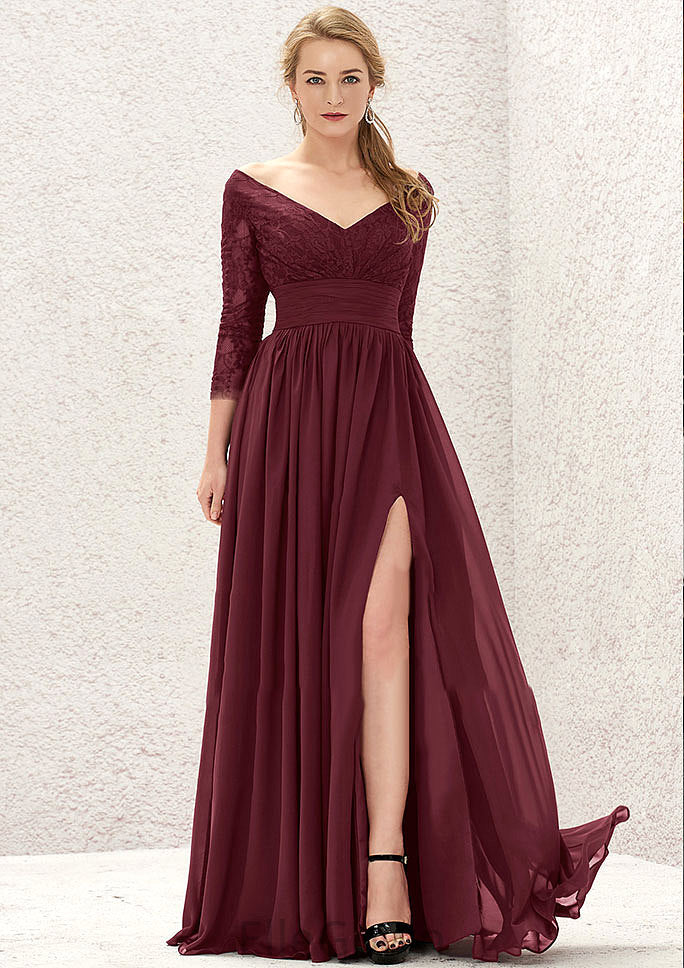 A-line V Neck Full/Long Sleeve Long/Floor-Length Chiffon Bridesmaid Dresses With Lace Split Pleated Gabriella DEP0025304