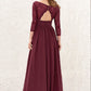 A-line V Neck Full/Long Sleeve Long/Floor-Length Chiffon Bridesmaid Dresses With Lace Split Pleated Gabriella DEP0025304