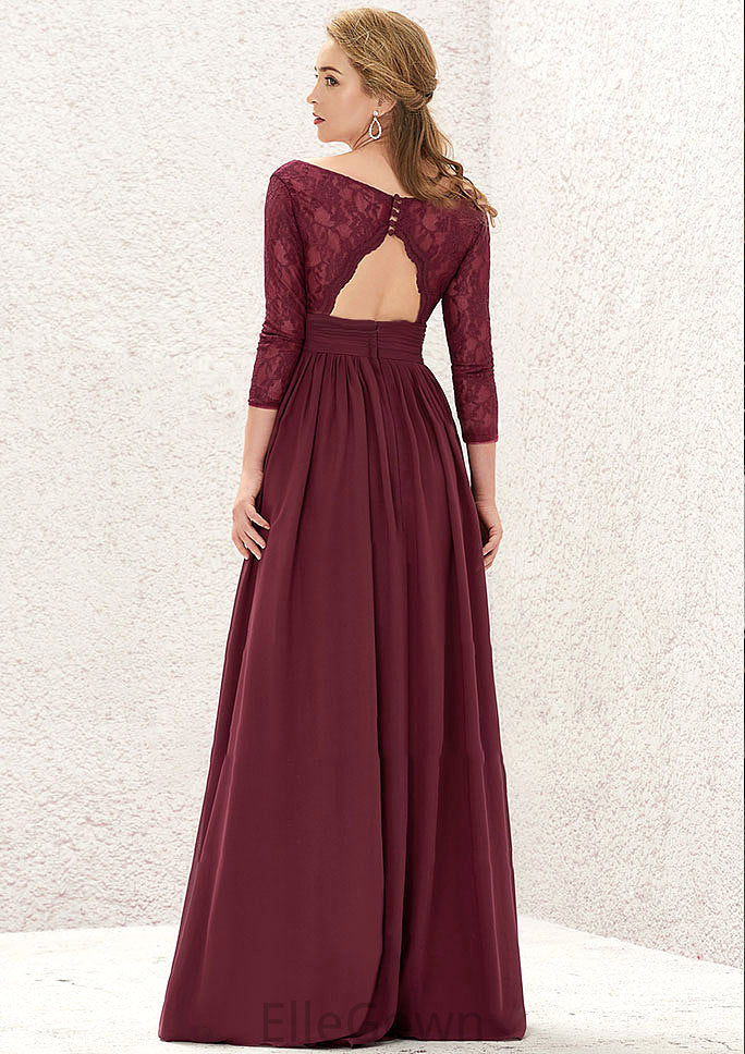 A-line V Neck Full/Long Sleeve Long/Floor-Length Chiffon Bridesmaid Dresses With Lace Split Pleated Gabriella DEP0025304