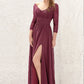 A-line V Neck Full/Long Sleeve Long/Floor-Length Chiffon Bridesmaid Dresses With Lace Split Pleated Gabriella DEP0025304