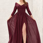 A-line V Neck Full/Long Sleeve Long/Floor-Length Chiffon Bridesmaid Dresses With Lace Split Pleated Gabriella DEP0025304