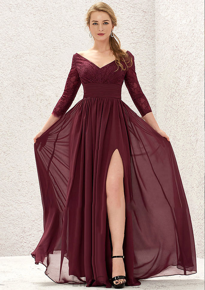 A-line V Neck Full/Long Sleeve Long/Floor-Length Chiffon Bridesmaid Dresses With Lace Split Pleated Gabriella DEP0025304