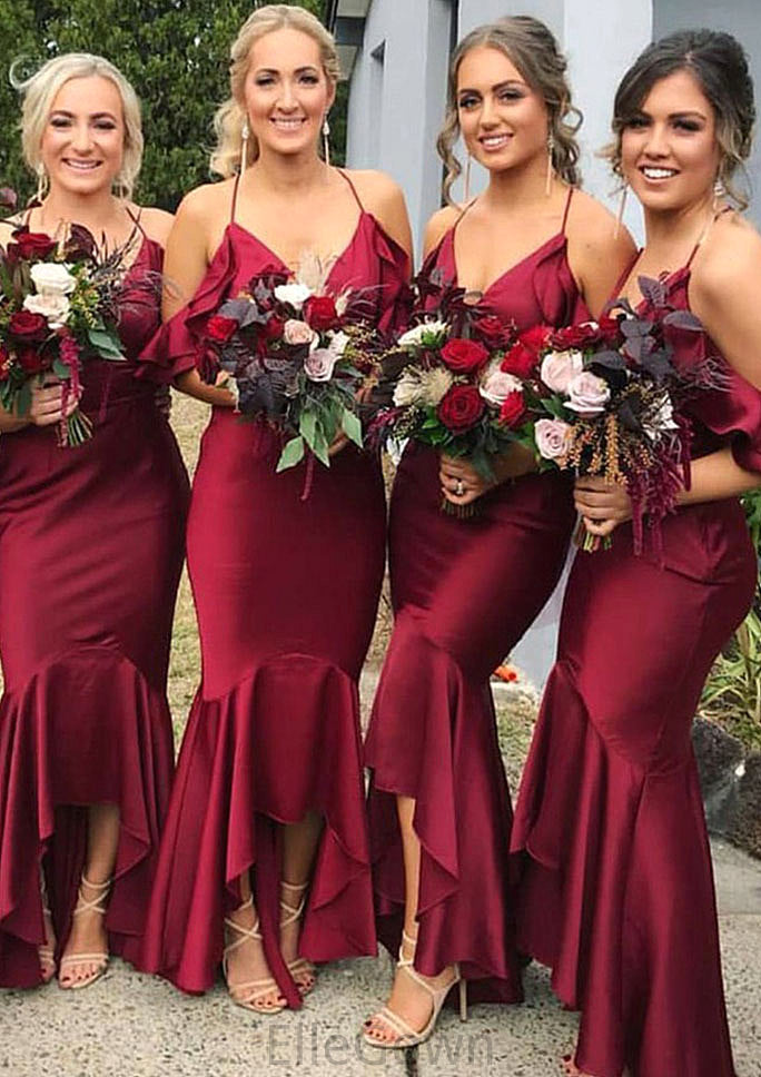 Sleeveless V Neck Asymmetrical Trumpet/Mermaid Charmeuse Bridesmaid Dresseses With Ruffles Patricia DEP0025305