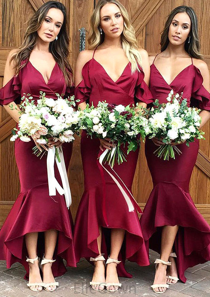 Sleeveless V Neck Asymmetrical Trumpet/Mermaid Charmeuse Bridesmaid Dresseses With Ruffles Patricia DEP0025305