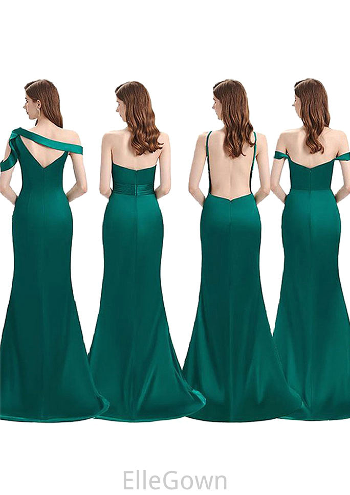 Trumpet/Mermaid Sleeveless Long/Floor-Length Silk like Satin Bridesmaid Dresses With Pleated Split Meredith DEP0025306