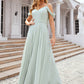 A-line Off-the-Shoulder Sleeveless Long/Floor-Length Chiffon Bridesmaid Dresseses With Pleated Addison DEP0025307