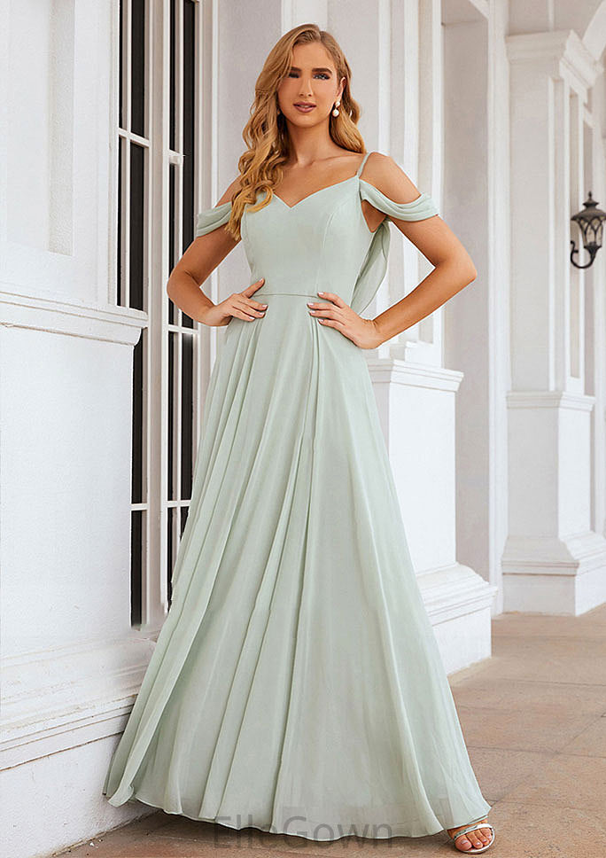 A-line Off-the-Shoulder Sleeveless Long/Floor-Length Chiffon Bridesmaid Dresseses With Pleated Addison DEP0025307