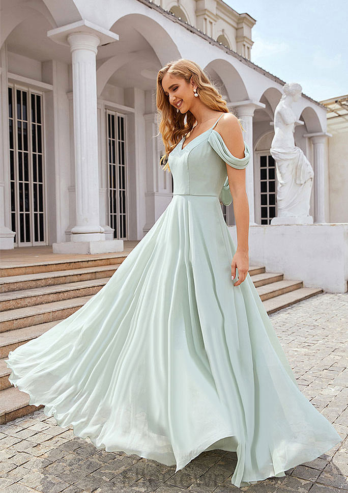 A-line Off-the-Shoulder Sleeveless Long/Floor-Length Chiffon Bridesmaid Dresseses With Pleated Addison DEP0025307