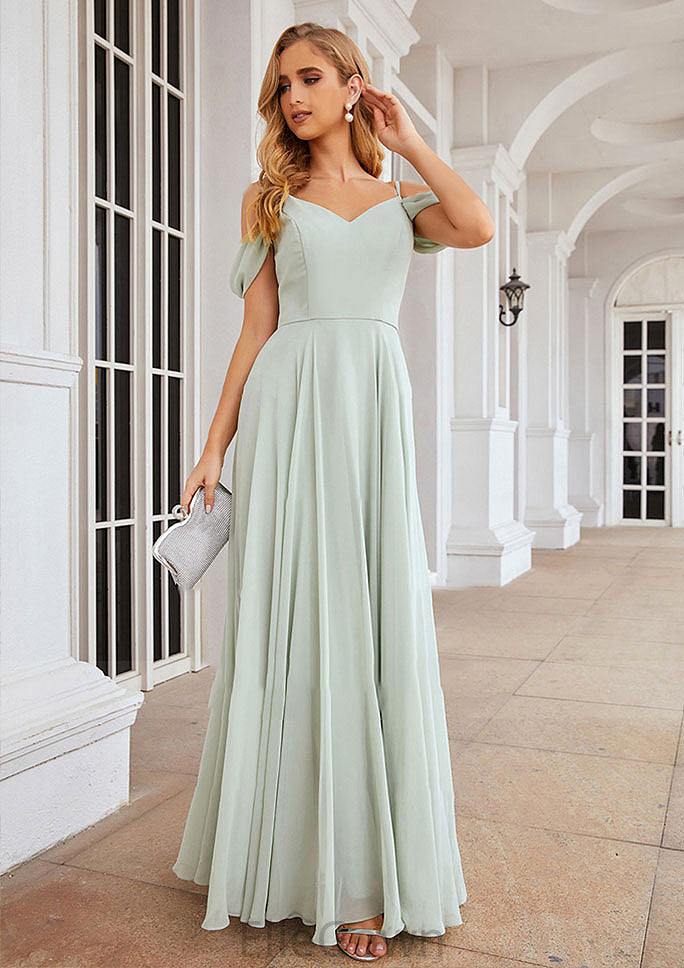 A-line Off-the-Shoulder Sleeveless Long/Floor-Length Chiffon Bridesmaid Dresseses With Pleated Addison DEP0025307