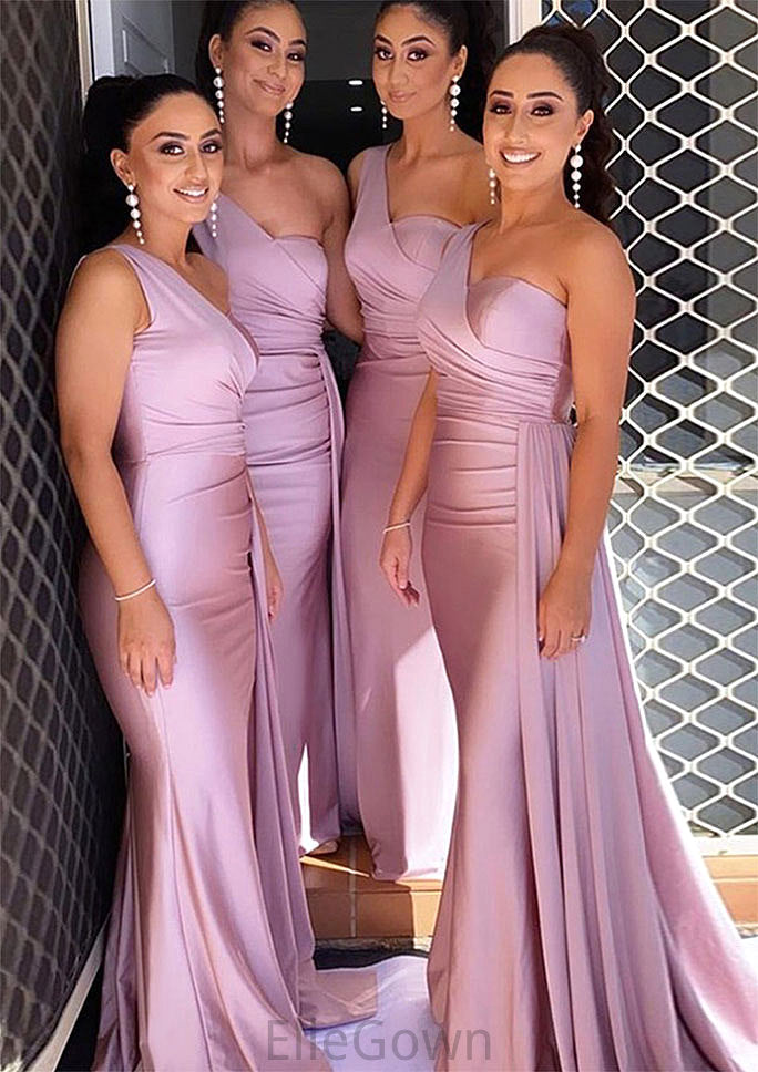 Trumpet/Mermaid One-Shoulder Sleeveless Sweep Train Jersey Bridesmaid Dresses With Pleated Side Draping Tessa DEP0025308