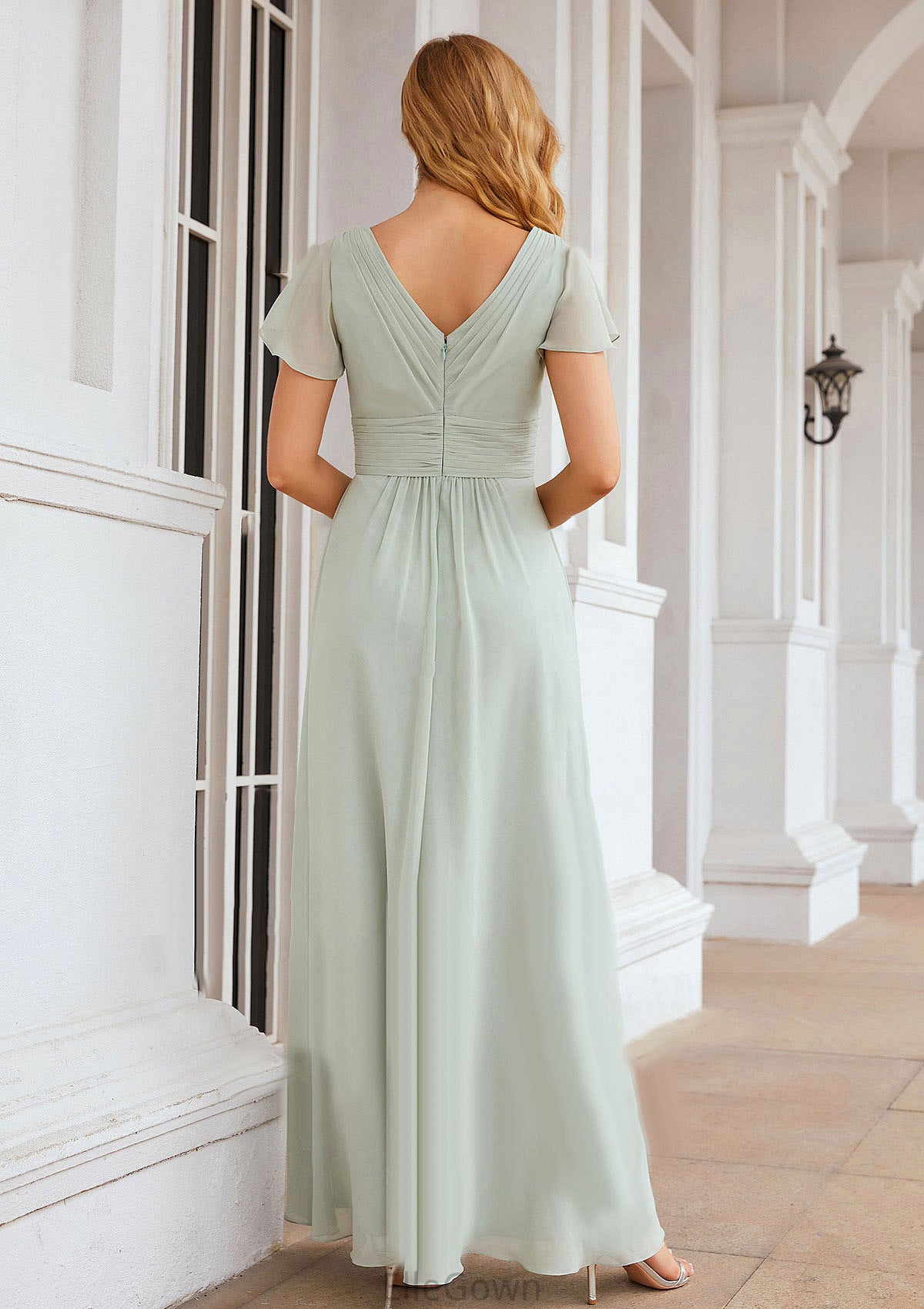 A-line V Neck Short Sleeve Long/Floor-Length Chiffon Bridesmaid Dresses With Pleated Jaliyah DEP0025309