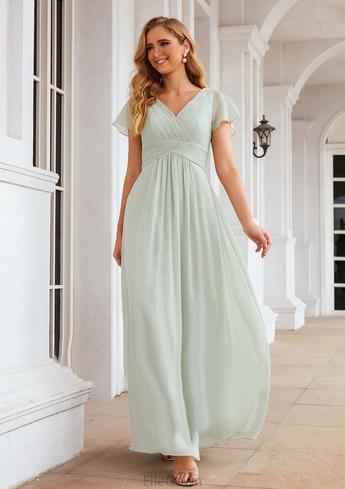 A-line V Neck Short Sleeve Long/Floor-Length Chiffon Bridesmaid Dresses With Pleated Jaliyah DEP0025309