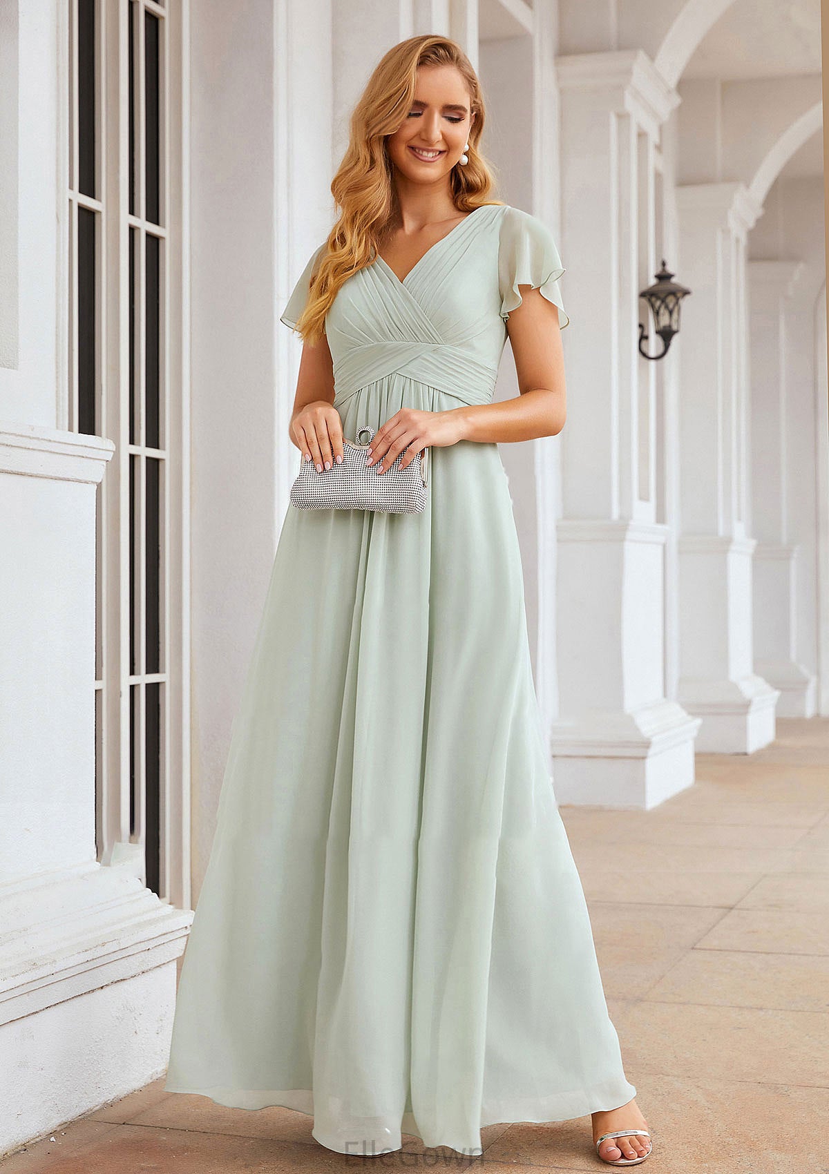 A-line V Neck Short Sleeve Long/Floor-Length Chiffon Bridesmaid Dresses With Pleated Jaliyah DEP0025309