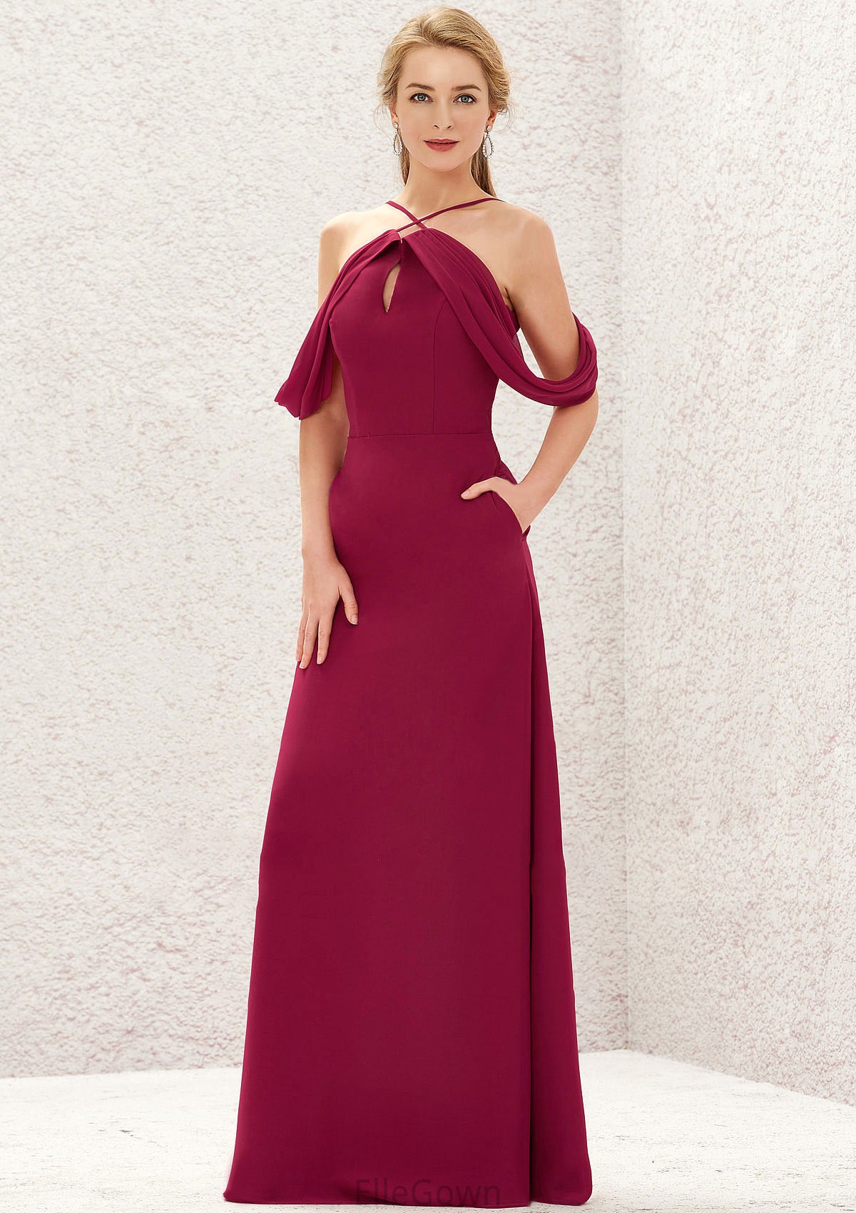 A-line Scalloped Neck Sleeveless Chiffon Long/Floor-Length Bridesmaid Dresses With Pockets Shea DEP0025310