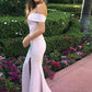 Sleeveless Off-the-Shoulder Court Train Sheath/Column Elastic Satin Bridesmaid Dresseses With Split Megan DEP0025313