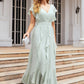 A-line V Neck Short Sleeve Long/Floor-Length Chiffon Bridesmaid Dresses With Pleated Ruffles Rebecca DEP0025316