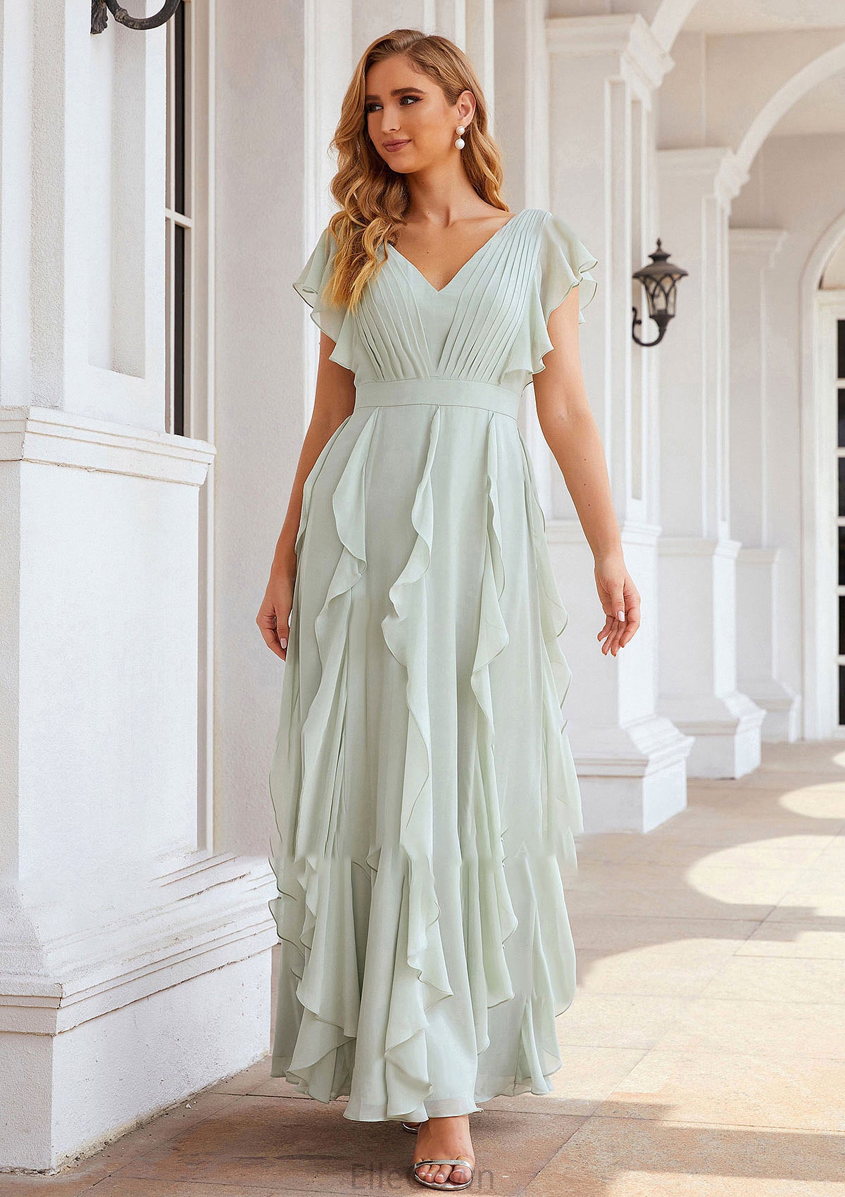 A-line V Neck Short Sleeve Long/Floor-Length Chiffon Bridesmaid Dresses With Pleated Ruffles Rebecca DEP0025316