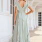 A-line V Neck Short Sleeve Long/Floor-Length Chiffon Bridesmaid Dresses With Pleated Ruffles Rebecca DEP0025316