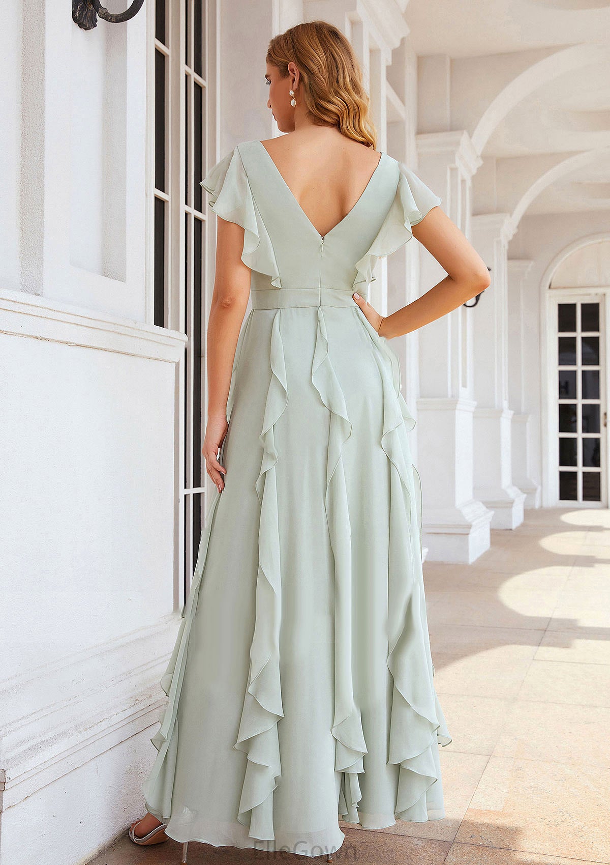 A-line V Neck Short Sleeve Long/Floor-Length Chiffon Bridesmaid Dresses With Pleated Ruffles Rebecca DEP0025316