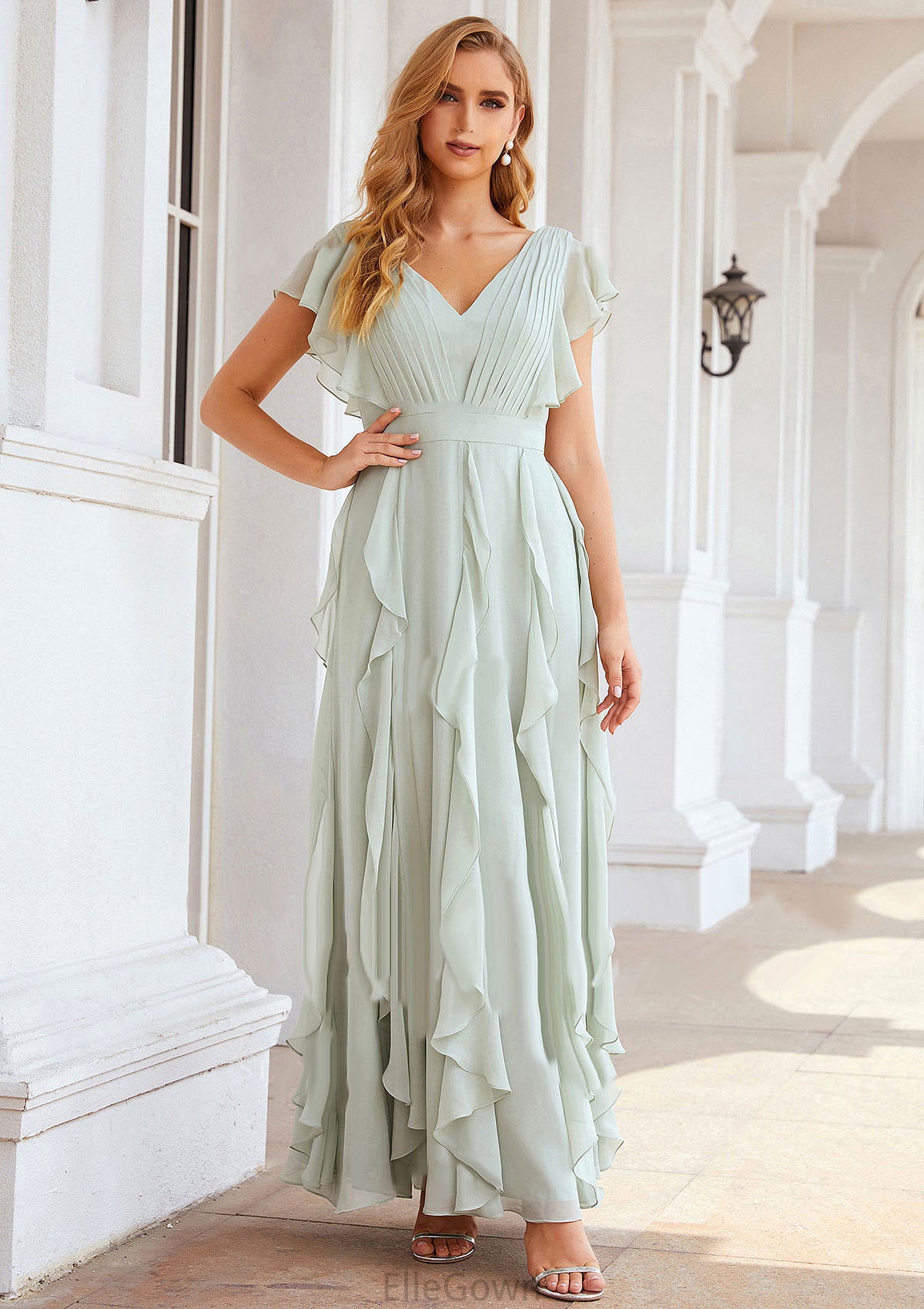 A-line V Neck Short Sleeve Long/Floor-Length Chiffon Bridesmaid Dresses With Pleated Ruffles Rebecca DEP0025316