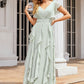 A-line V Neck Short Sleeve Long/Floor-Length Chiffon Bridesmaid Dresses With Pleated Ruffles Rebecca DEP0025316