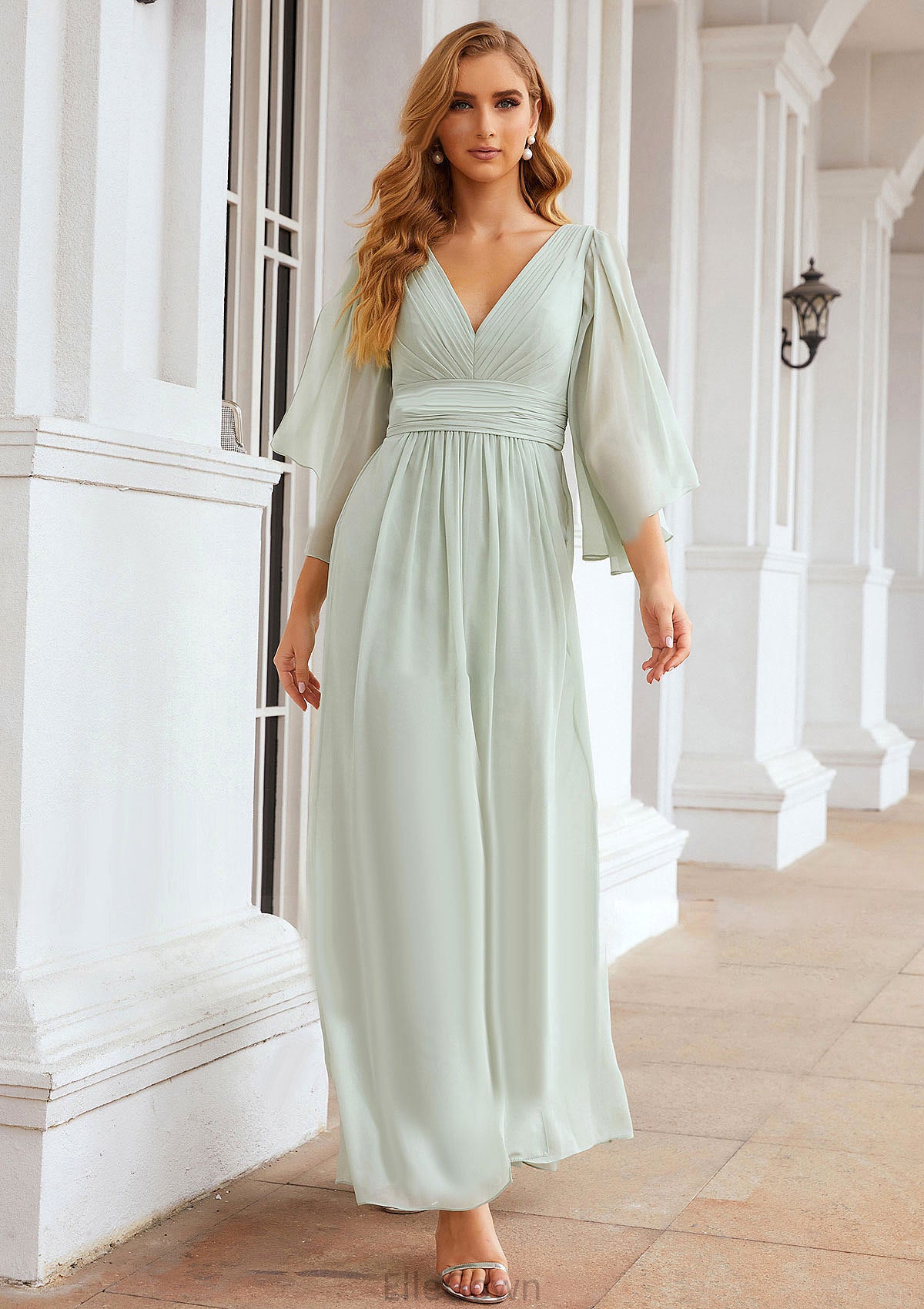 Sheath/Column V Neck 3/4 Sleeve Long/Floor-Length Chiffon Bridesmaid Dresses With Pleated Zaria DEP0025318