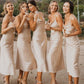 Sheath/Column Cowl Neck Sleeveless Tea-Length Satin Bridesmaid Dresses Emely DEP0025320