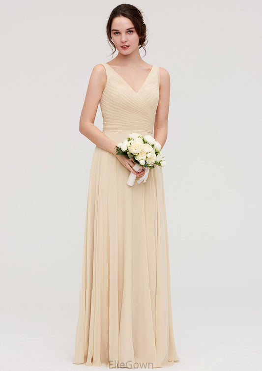 A-line/Princess V Neck Long/Floor-Length A-line/Princess Chiffon Bridesmaid Dresses With Sashes Pleated Aryanna DEP0025322