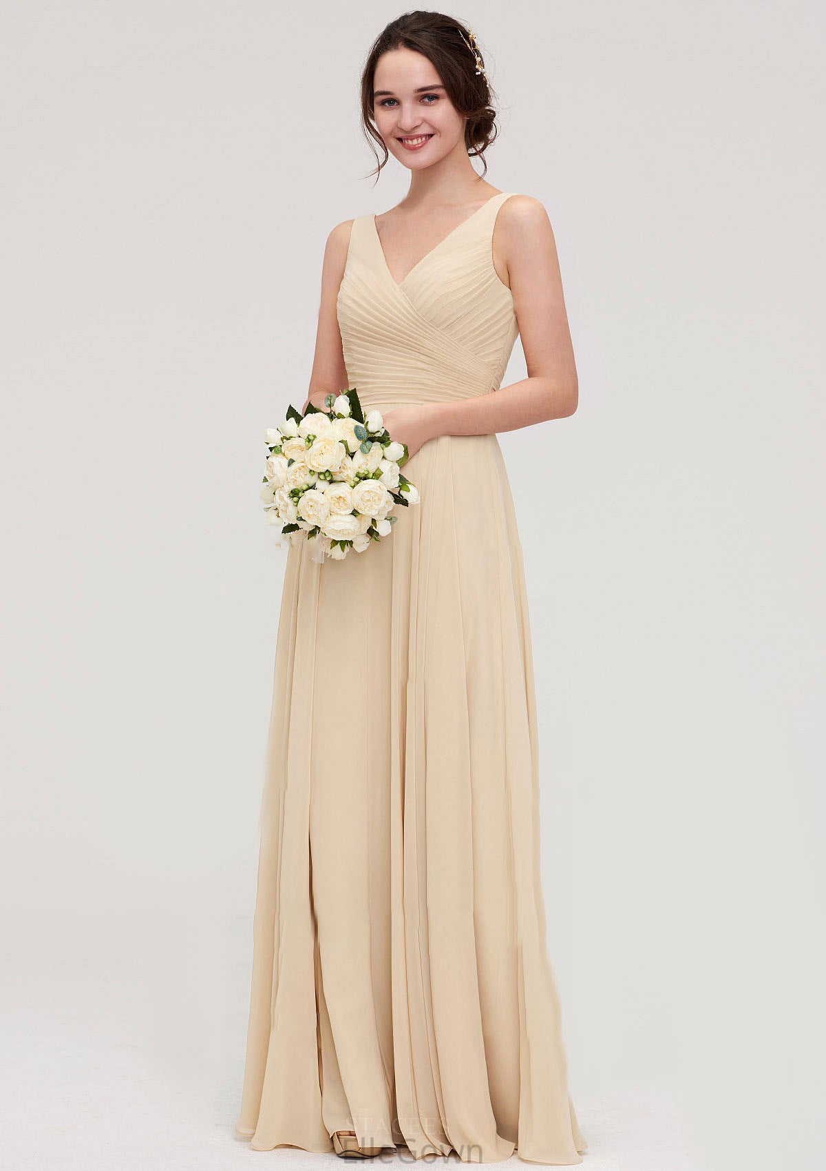 A-line/Princess V Neck Long/Floor-Length A-line/Princess Chiffon Bridesmaid Dresses With Sashes Pleated Aryanna DEP0025322