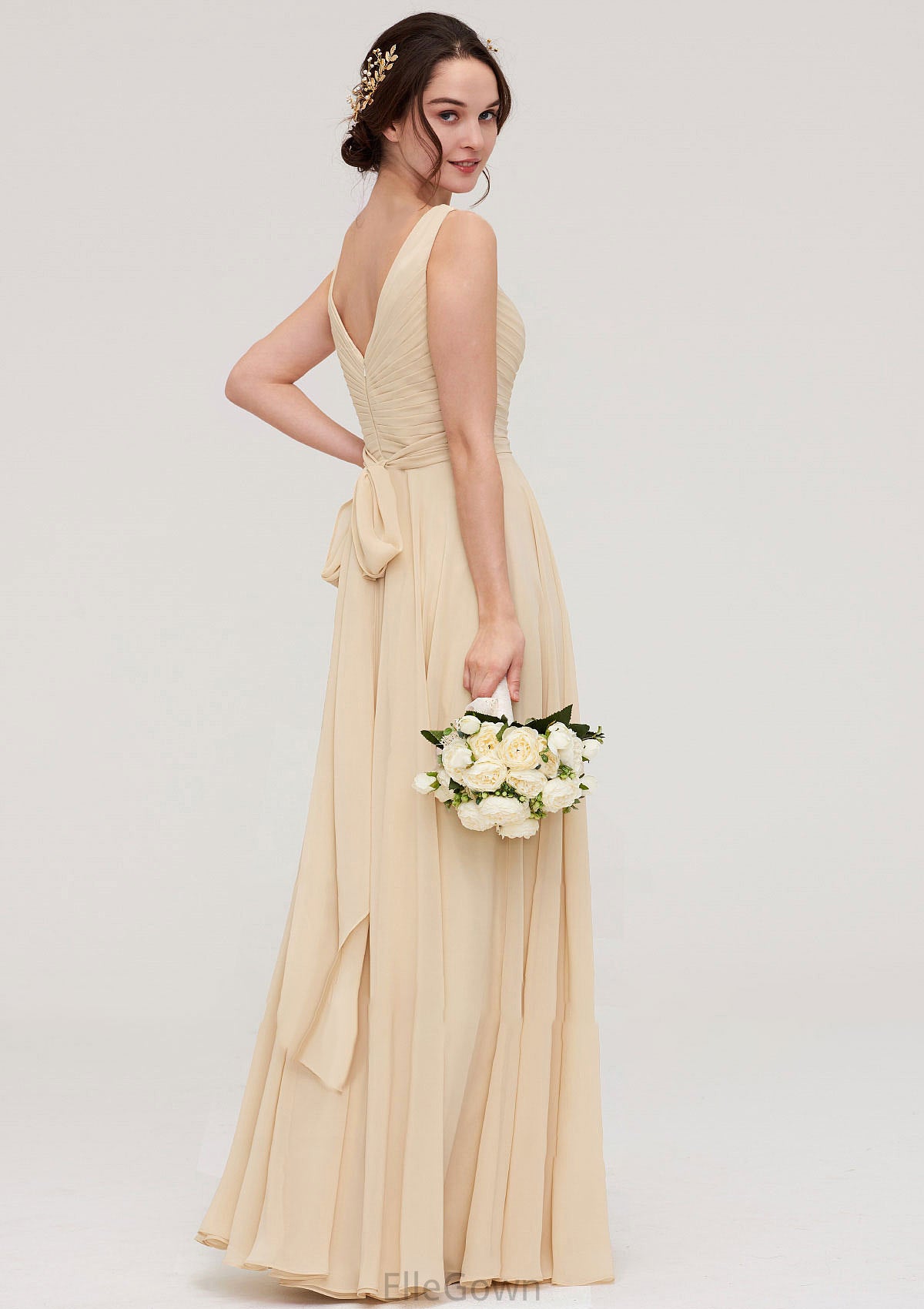 A-line/Princess V Neck Long/Floor-Length A-line/Princess Chiffon Bridesmaid Dresses With Sashes Pleated Aryanna DEP0025322