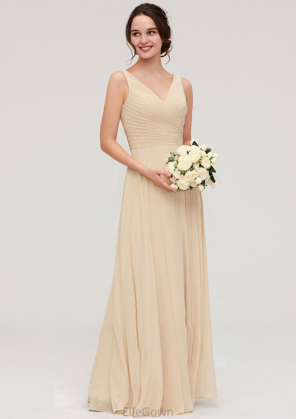 A-line/Princess V Neck Long/Floor-Length A-line/Princess Chiffon Bridesmaid Dresses With Sashes Pleated Aryanna DEP0025322