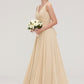 A-line/Princess V Neck Long/Floor-Length A-line/Princess Chiffon Bridesmaid Dresses With Sashes Pleated Aryanna DEP0025322