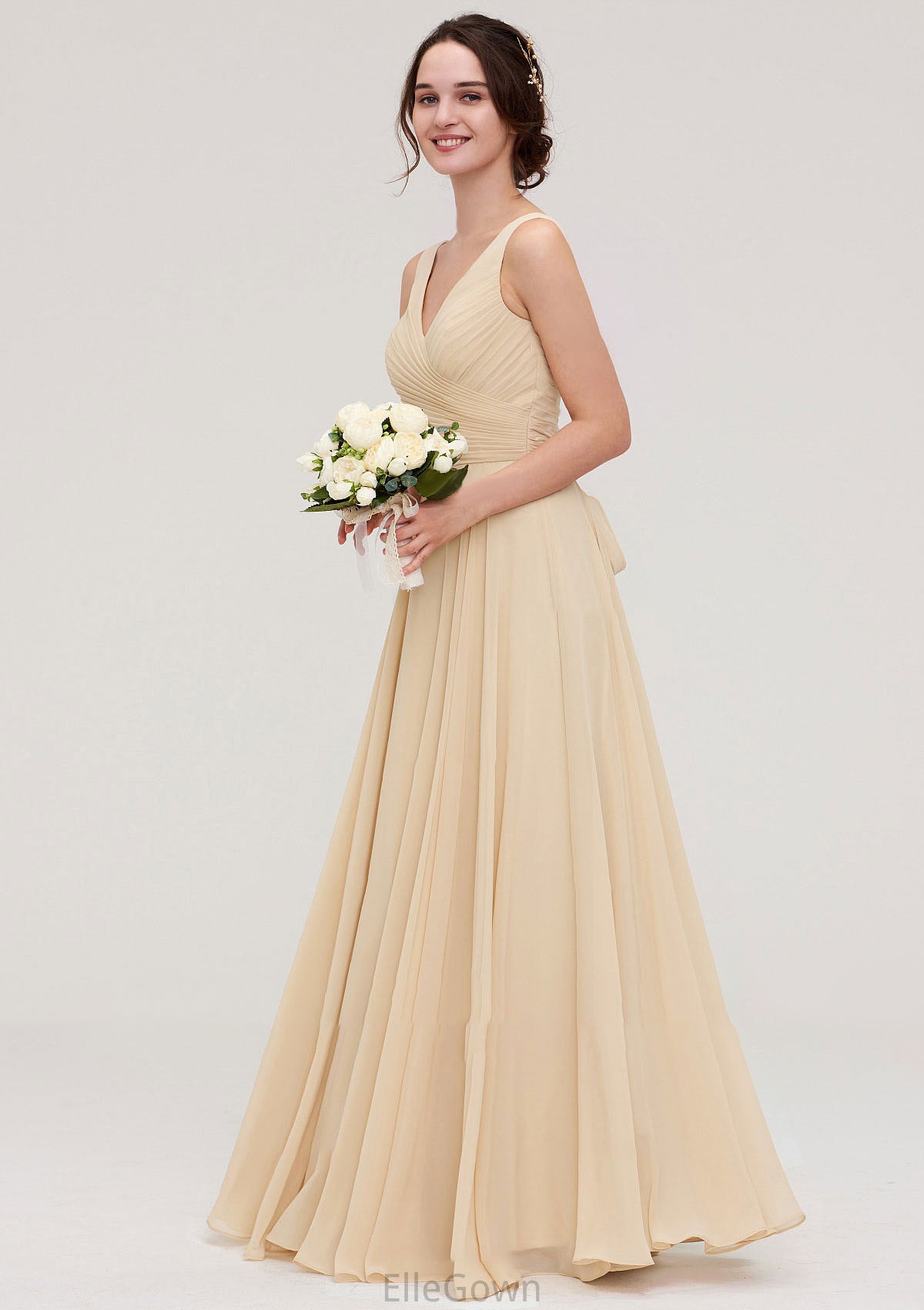 A-line/Princess V Neck Long/Floor-Length A-line/Princess Chiffon Bridesmaid Dresses With Sashes Pleated Aryanna DEP0025322