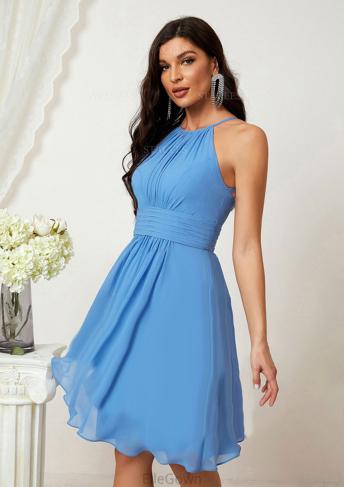 A-line Halter Sleeveless Knee-Length Chiffon Bridesmaid Dresses With Pleated    Kailey DEP0025324