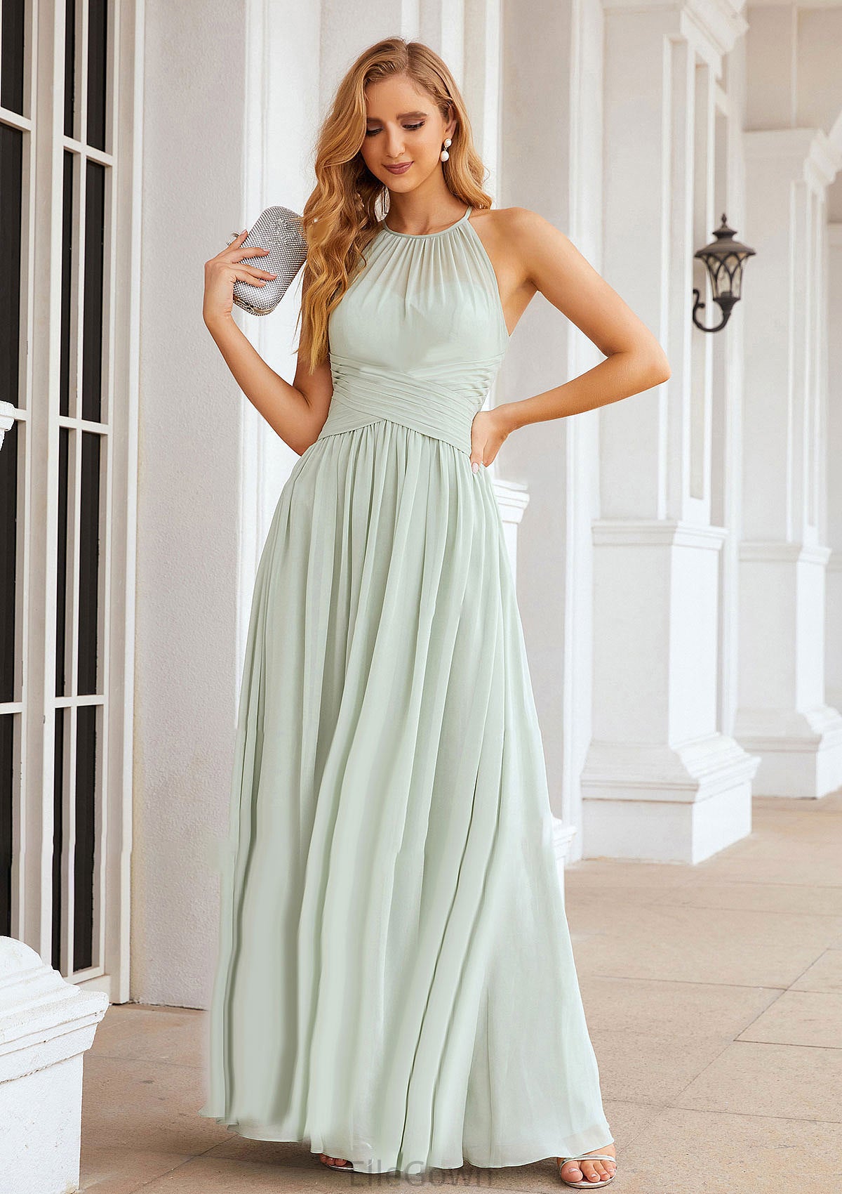 A-line Halter Sleeveless Long/Floor-Length Chiffon Bridesmaid Dresses With Pleated Emilia DEP0025325