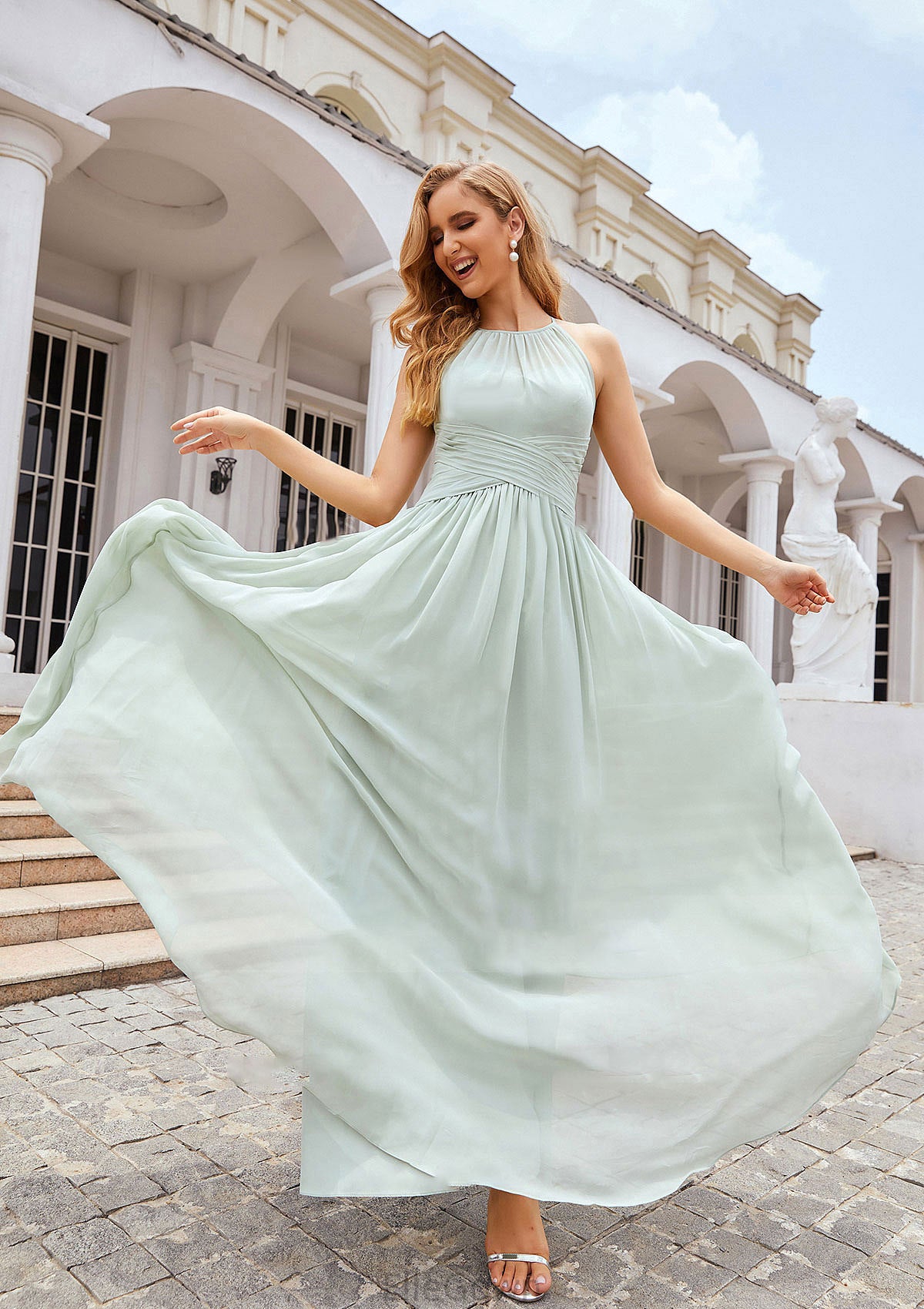 A-line Halter Sleeveless Long/Floor-Length Chiffon Bridesmaid Dresses With Pleated Emilia DEP0025325