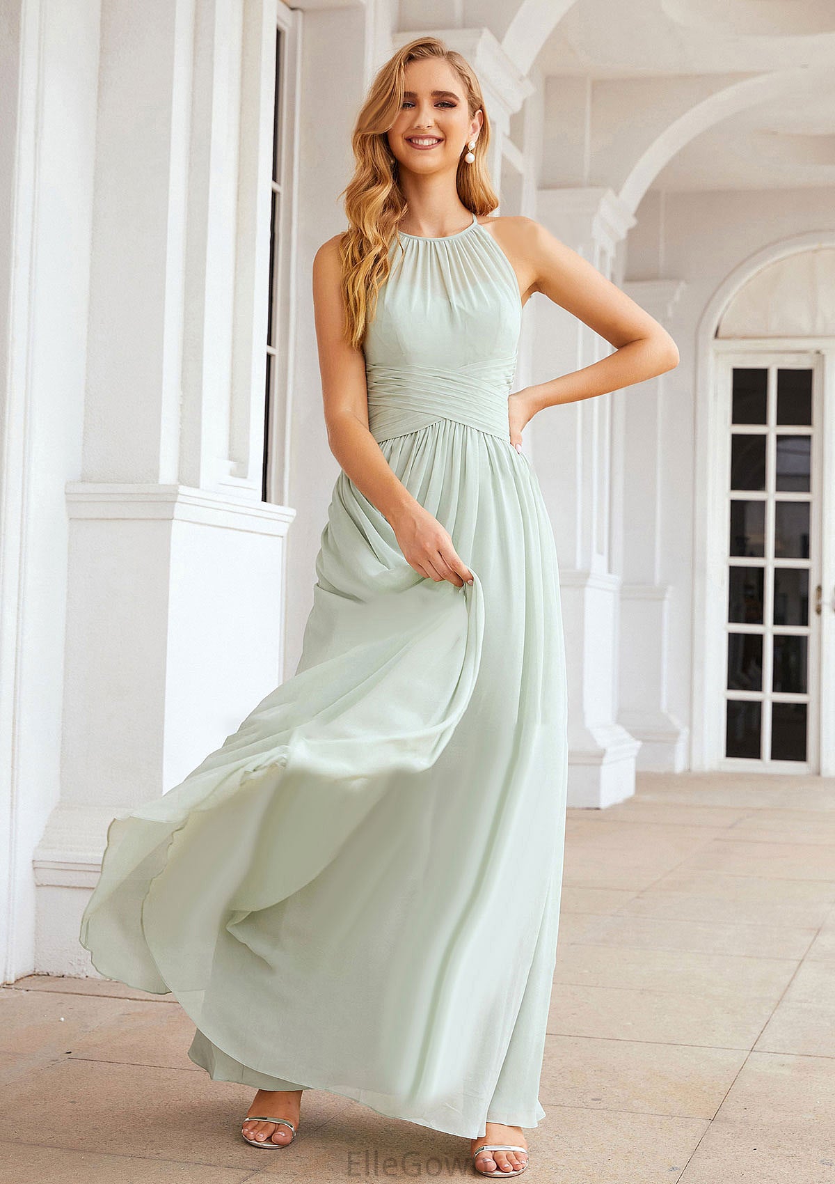 A-line Halter Sleeveless Long/Floor-Length Chiffon Bridesmaid Dresses With Pleated Emilia DEP0025325