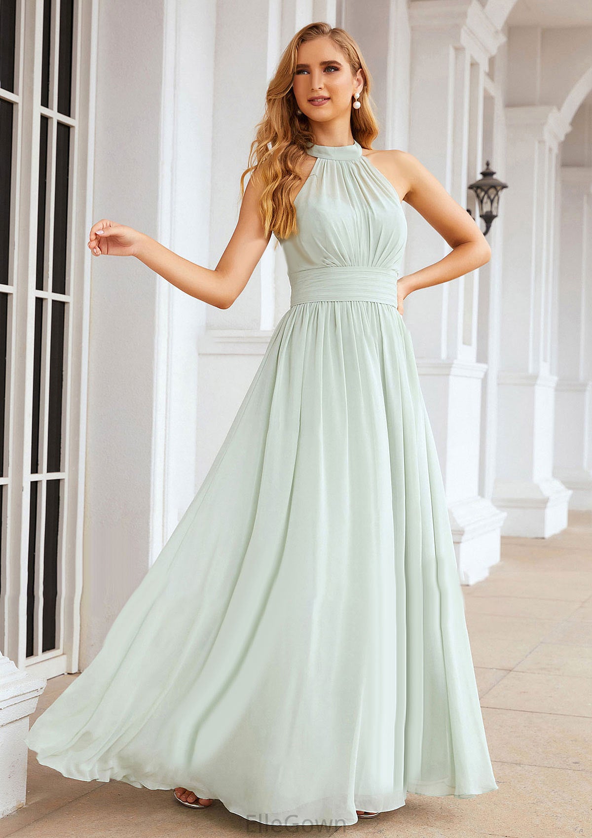 A-line High-Neck Sleeveless Long/Floor-Length Chiffon Bridesmaid Dresses With Pleated Katie DEP0025326